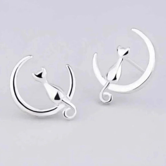 925 Sterling Silver Cat Moon Stud Earrings - Picture 2 of 5